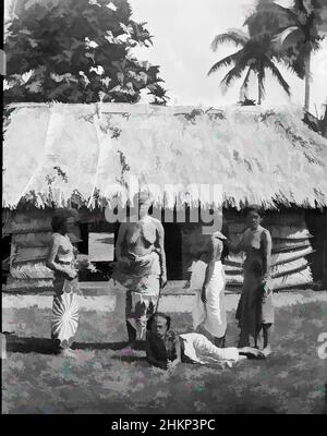Art inspired by Samoan women, near Apia, Burton Brothers studio, photography studio, July 1884, New Zealand, black-and-white photography, Four Samoan woman standing and one lying down in a clearing in front of a fale with woven mat walls and coconut palm leaf roof behind, in background, Classic works modernized by Artotop with a splash of modernity. Shapes, color and value, eye-catching visual impact on art. Emotions through freedom of artworks in a contemporary way. A timeless message pursuing a wildly creative new direction. Artists turning to the digital medium and creating the Artotop NFT Stock Photo