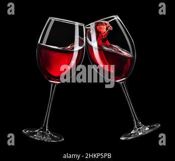 two glasses of red wine toasting isolated on black Stock Photo