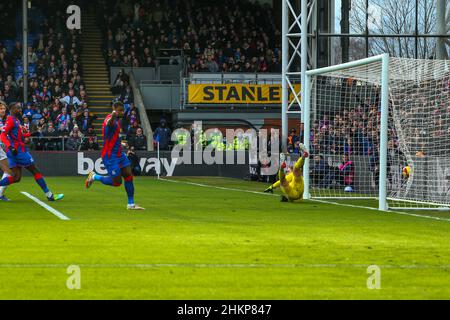 5th February 2022 : Selhurst Park, Crystal Palace, London, England; FA Cup football, Crystal Palace versus Hartlepool: Marc Guehi of Crystal Palace scoring to make the game 1-0 in the 4th minute