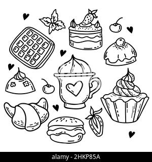 Collection of confectionery. Waffle and kurasan, creamy dessert in cup, cake and candy. Vector illustration. Isolated linear hand drawings on white ba Stock Vector