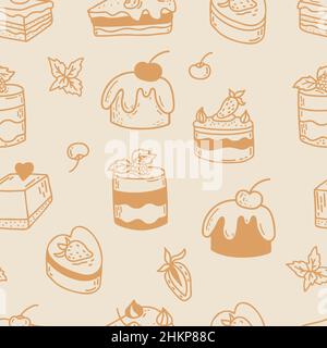 Seamless pattern with desserts. Pastries and cakes, sweets and desserts with strawberries, cherries and mint on light background. Vector illustration. Stock Vector