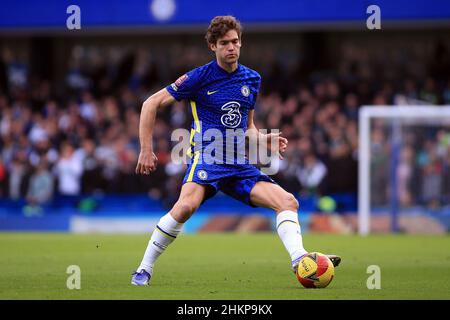 London, UK. 05th Feb, 2022. Marcos Alonso of Chelsea in action during the game. Emirates FA Cup 4th round match, Chelsea v Plymouth Argyle at Stamford Bridge in London on Saturday 5th February 2022. this image may only be used for Editorial purposes. Editorial use only, license required for commercial use. No use in betting, games or a single club/league/player publications. pic by Steffan Bowen/Andrew Orchard sports photography/Alamy Live news Credit: Andrew Orchard sports photography/Alamy Live News