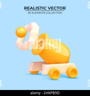 3D Yellow Cartoon Canon gun on blue background. Realistic 3d design. Trendy yellow and blue colors. Design in cartoon style. Vector illustration Stock Vector