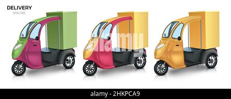 Set of scooters for online grocery delivery. Grocery delivery van. 3D realistic illustration. Isolated on white background. Vector. Stock Vector