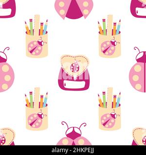 Ladybug back to school vector seamless pattern background. Fun pink cartoon ladybirds, school bags, pencil holders on white backdrop. Hand drawn Stock Vector