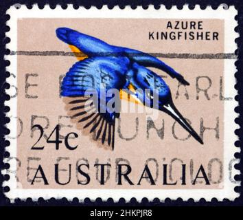 AUSTRALIA - CIRCA 1966: a stamp printed in Australia shows azure kingfisher, ceyx azureus, is a small kingfisher in the river kingfisher subfamily, ci Stock Photo