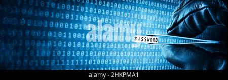 Hand Of Hacker With Leather Glove And Tweezers Stealing Password From Computer - Data Security Concept Stock Photo