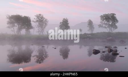 Misty Sunrise on Loch Ba Stock Photo