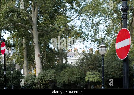 No Entry road signs on Bedford Square, London, UK Stock Photo