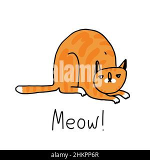Red Cat cute funny character in doodle cartoon style. Ginger grumpy suspicious cat. Hand drawn vector illustration of sitting funny angry kitty isolat Stock Vector