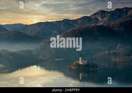 Sunset view over Lake Bled, Slovenia Stock Photo