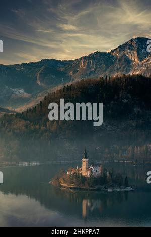 Sunset view over Lake Bled Stock Photo