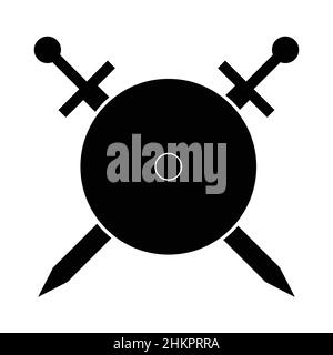 Round shield with 2 swords black icon Stock Vector