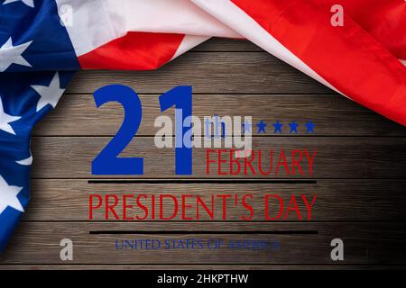 Happy Presidents' Day Typography Over Distressed White Wood Background with American Flag Border old wood background design Stock Photo