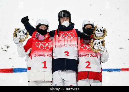 Mikael Kingsbury (CAN) Silver Medal, Walter Wallberg (SWE) Gold Medal, Ikuma Horishima (JPN) Bronze Medal during the Olympic Winter Games Beijing 2022, Freestyle Skiing, Men's Moguls on February 5, 2022 at Genting Snow Park in Zhangjiakou, Hebei Province of China - Photo: Osports/DPPI/LiveMedia Stock Photo