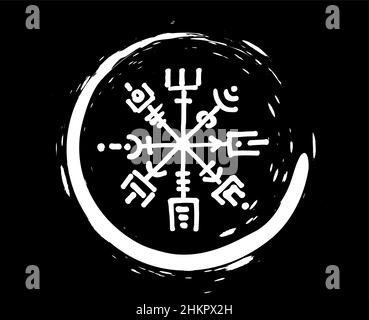 Vegvisir runic compass white pencil drawing style, Hand drawing of Viking symbols, Sacred Norse, round tattoo logo, grunge runic magic symbols, vector Stock Vector