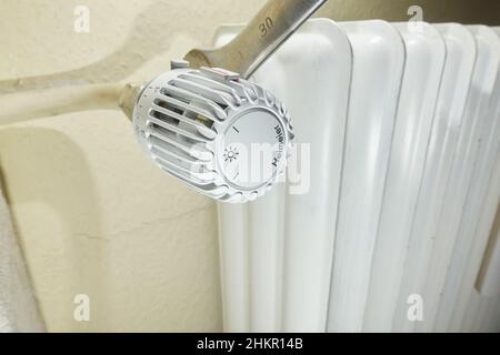 Stuttgart, Germany - February 01, 2022: Radiator controller for heating. Thermostat head K from Heimeier. Installation and modernization of heat syste Stock Photo