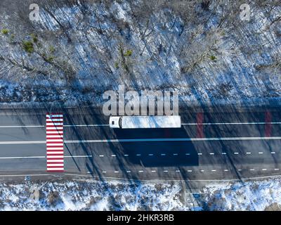 Truck on the road top view. Freight transportation Stock Photo