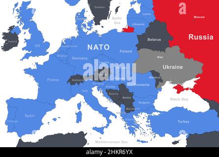 Russia, NATO and Ukraine on Europe outline map. Russian border on military-political map with Belarus, Poland, Germany, Turkey and other countries. Ba Stock Photo