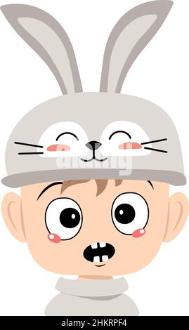 Boy with big eyes and emotions panic, surprised face, shocked eyes in rabbit hat with long ears. Child with scared expression for Easter, New Year or carnival costume for party. Vector flat illustration Stock Vector