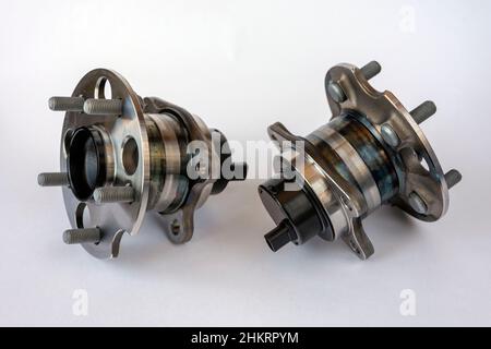 A pair of rear wheel hubs with ABS sensor, isolated on a white background, hub bearing. Stock Photo