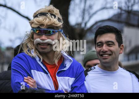 London, UK. 5th Feb, 2021. New Zealanders and friends celebrate Waitangi Day, New Zealand National Day, in Parliament Square with a haka, the ceremonial dance, and lots of fun, followed by their annual pub crawl in Central London. Credit: Imageplotter/Alamy Live News Stock Photo