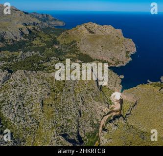 Aerial view, bay and beach with hiking route through a canyon, Torrent de Pareis La Calobra, Mallorca, Balearic Islands, Spain, ES, Escorca, Europe, a Stock Photo