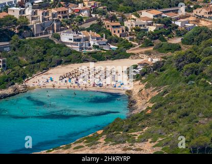 Aerial view, Cala Anguila-Cala Mendia, Bay and Beach Playa de Cala Mandia, Manacor, Majorca, Balearic Islands, Spain, Europe, Bay, ES, Hotel, Hotel Fa Stock Photo