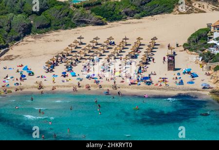 Aerial view, Cala Anguila-Cala Mendia, Bay and Beach Playa de Cala Mandia, Manacor, Majorca, Balearic Islands, Spain, Europe, bathers, bay, ES, hotel, Stock Photo