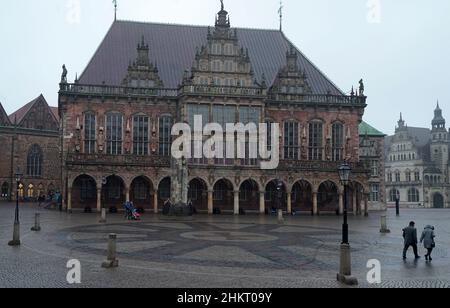 Bremen, Germany - Jan 16 2022 Bremen City Hall is one of the most important examples of Brick Gothic and Weser Renaissance architecture in Europe. Stock Photo