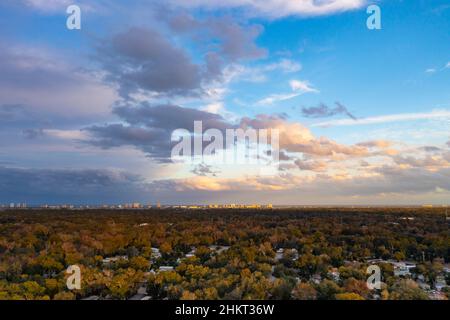 Aerial looking east over tree tops and Port Orange, Florida suburban neighborhood with the Daytona Beach skyline and Atlantic ocean in the distance an Stock Photo