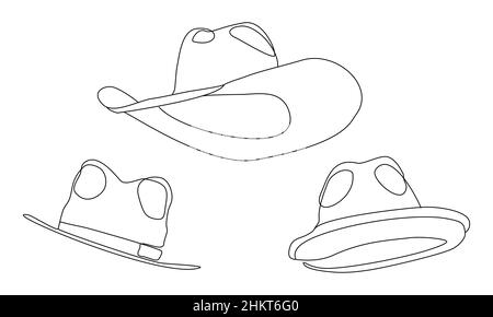 Cowboy hat silhouette set. Continuous line drawing of gunslinger apparel. Cow boy hat drawn in simple minimalist outline Stock Vector