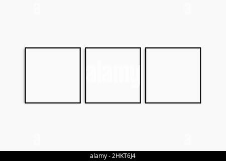 Frame mockup 1:1 square. Set of three thin black square frames. Clean, modern, minimalist, bright gallery wall mockup, set of 3 frames. Stock Photo