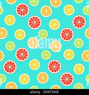 Citrus variety seamless pattern. Bright wallpaper texture with orange, lemon, lime, grapefruit. Sweet juicy background Stock Vector