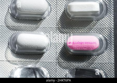 Closeup of painkillers, pills or tablets in blister pack. Headache pills Stock Photo