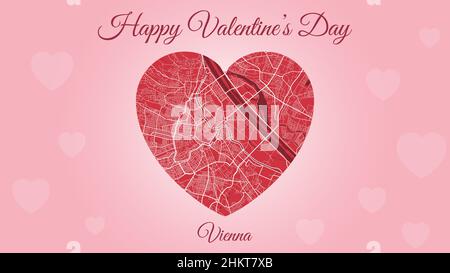 Happy Valentine's day horizontal holiday card with Vienna map in heart shape. Pink and red color vector illustration. Love city travel cityscape. Stock Vector
