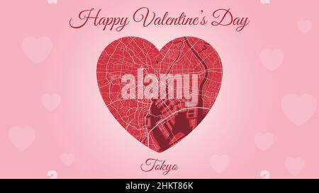 Happy Valentine's day horizontal holiday card with Tokyo map in heart shape. Pink and red color vector illustration. Love city travel cityscape. Stock Vector