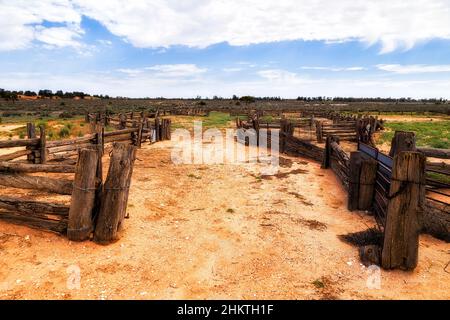 Sheep yard in Lake Mungo national park of woolshed station near visitor centre - outback landscape. Stock Photo