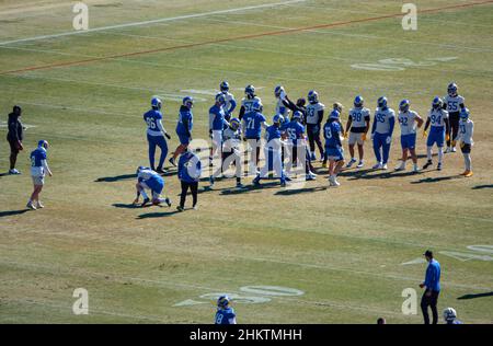 Thousand Oaks, California, USA. 5th Feb, 2022. Los Angeles Rams kicker Matt  Gay (8) kicks a field goal during a practice in preparation for Super Bowl  56 at the Rams training facility