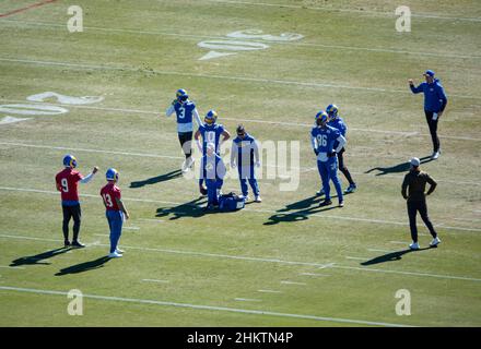 Inglewood, CA. 13th Nov, 2022. Los Angeles Rams quarterback John Wolford #13  scarambles and is brought down by Arizona Cardinals defensive end Zach  Allen #94 in action in the fourth quarter during