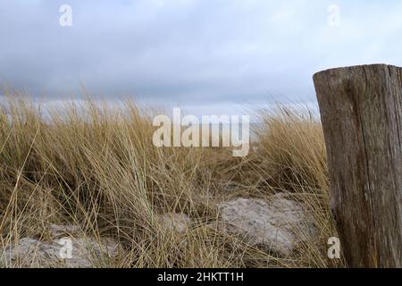 Ground-level photograph of a sand dune with a view of the sea Stock Photo