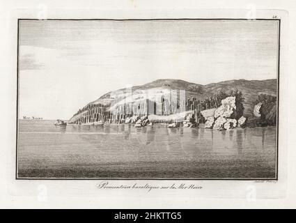 Basalt promontory Youm-Bournon on the Black Sea. After a design in Comte Antoine-Francois Andreossy's Voyage a l'embouchure de la mer Noire, 1818. Promontoire basaltique sur la Mer Noire. Copperplate engraving by Milanese painter Gaetano Riboldi from Scipion Breislak’s Traite sur la Structure Exterieure du Globe, Treatise on the Exterior Structure of the Globe, Jean-Pierre Giegler, Milan, 1822. Stock Photo