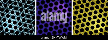 Set of three multicolored geometric patterns of abstract texture backgrounds in dark purple, gold and light blue hues Stock Vector