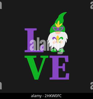 Word love with cute Mardi Gras gnome holding Fleur de lis. Vector template for Valentines card, flyer, banner, sticker, t-shirt, etc. Stock Vector