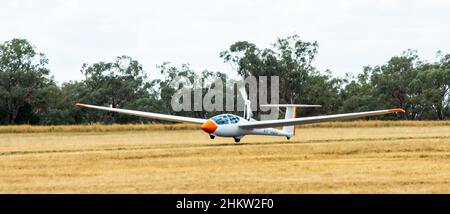A German Alexander Schleicher ASK-21Mi motor glider taking off at Lake Keepit Gunnedah Australia. Stock Photo