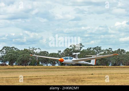 An Alexander Schleicher ASK-21Mi motor glider taking off at Lake Keepit Soaring Club at Gunnedah Australia.gliders Stock Photo