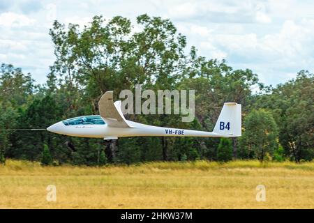 A German Schempp-Hirth Duo Discus glider,being towed to fly at Lake Keepit Gunnedah Australia, Stock Photo