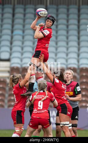 TWICKENHAM - ENGLAND 5 FEB 22: Sonia Green of Saracen’s in action during the Harlequins Women v Saracens Women, Twickenham Stoop, London UK on the 5th February  2022. Photo by Gary Mitchell/Alamy Live News Stock Photo