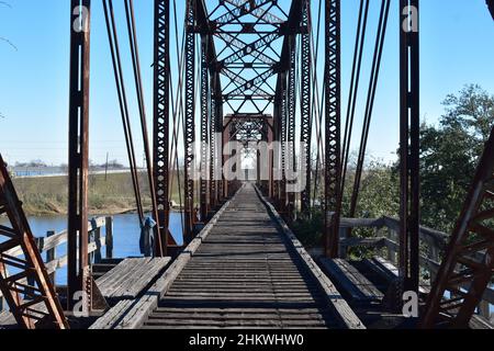 view through a train trestle bridge in Waco Texas Stock Photo