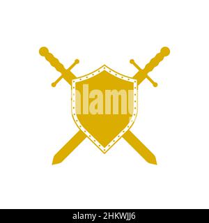 Heraldic shield and crossed swords icon. Golden emblem template. Flat illustration isolated on white background. Stock Photo